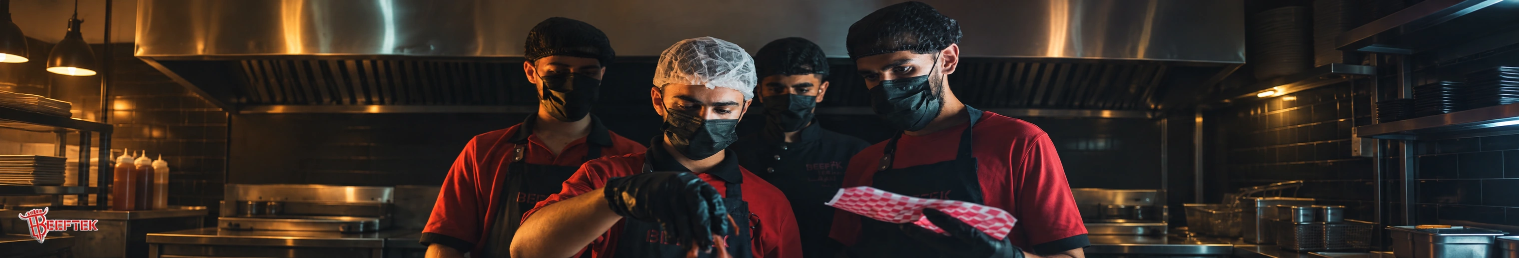 The Beef Tek kitchen team preparing food in a dramatic surgery-inspired scene