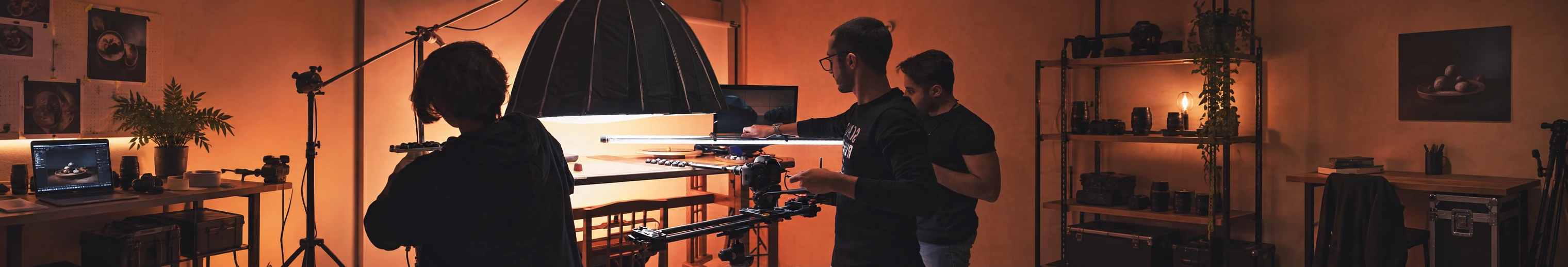 The Milou production team working with a camera slider and lighting on a warm studio set